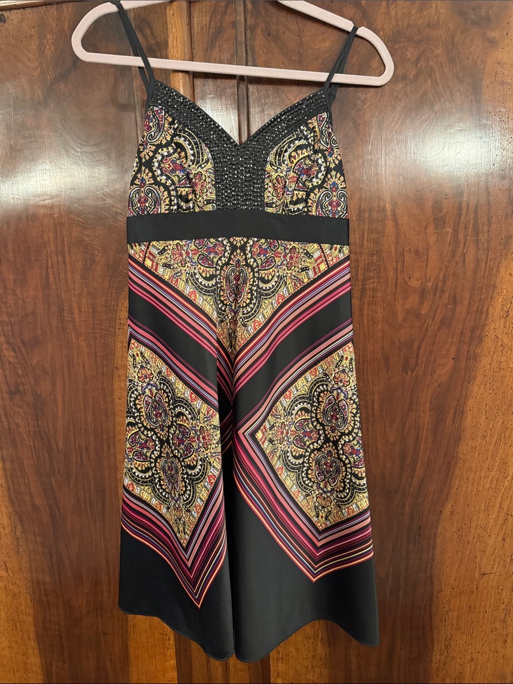 Paisley Print Spaghetti Strap Dress - Black with Pink & Gold Accents